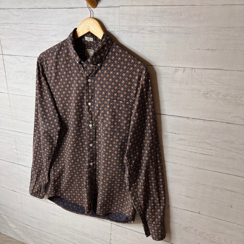 J Crew Shirt Mens SZ Medium Blue & Gold Geometric Floral Organic Cotton Stretch - Picture 4 of 16